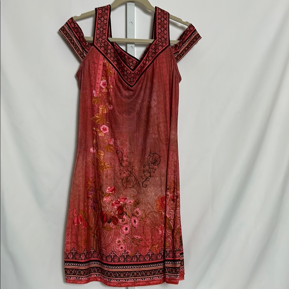 Noracora Women’s Size Small Pink Black Red Floral Off-Shoulder Short Dress